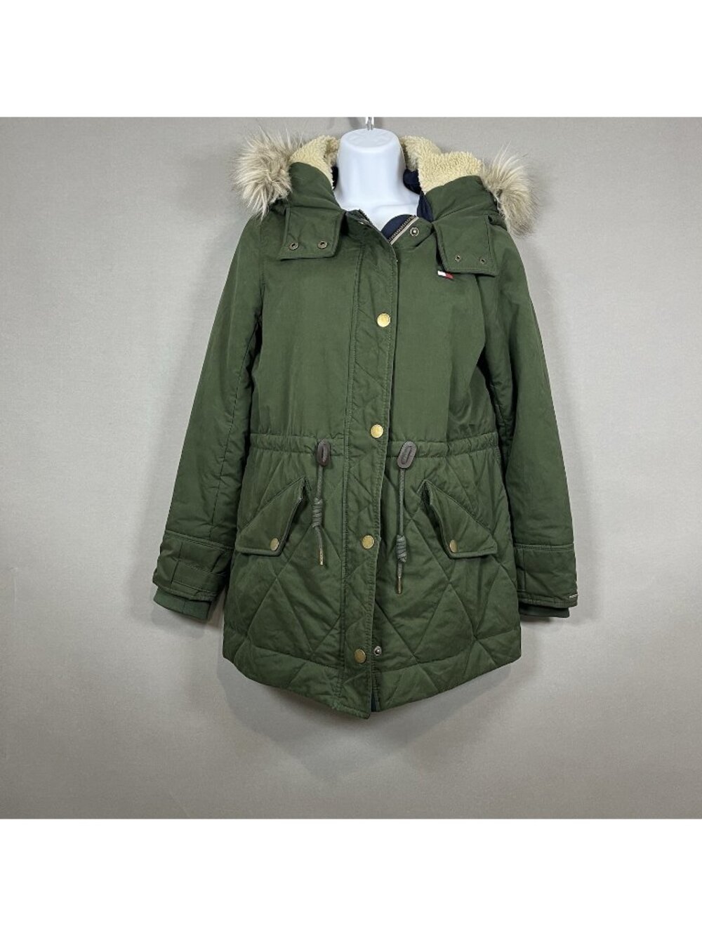 Tommy Hilfiger Olive Green Zip Snap Hooded Lined Jacket